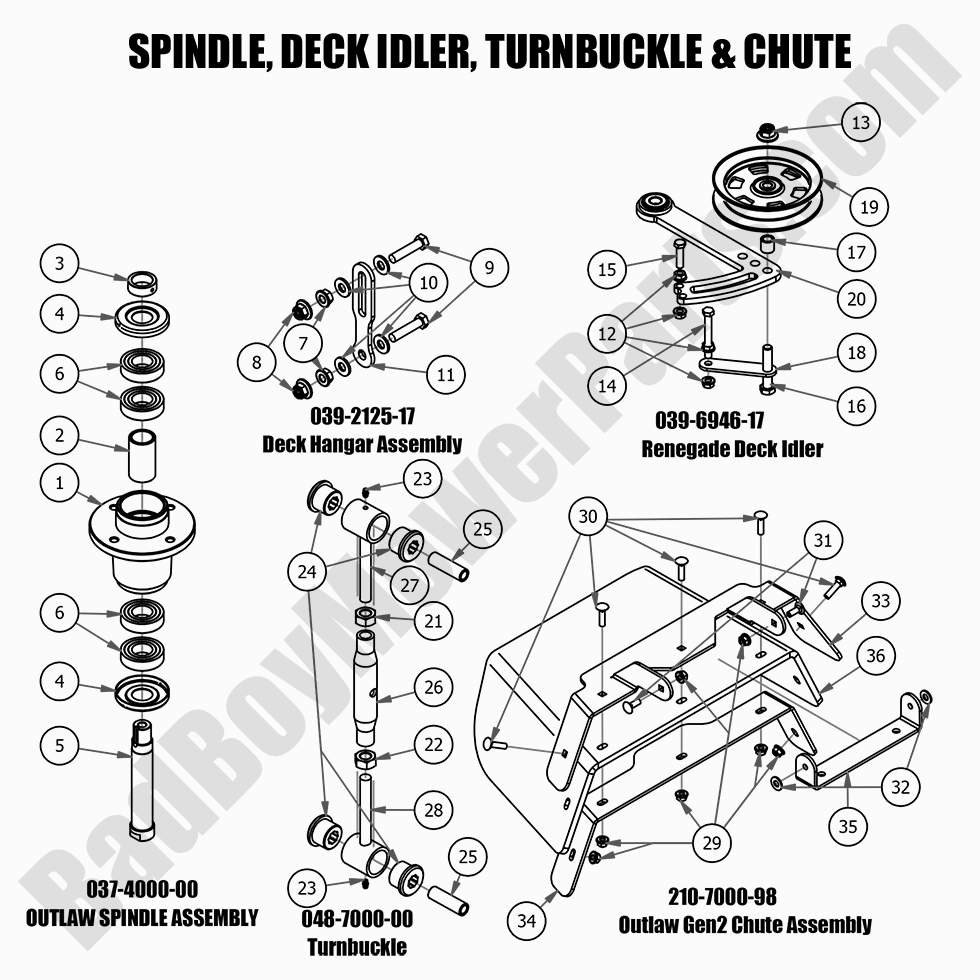 2613 - Bad Boy Mower Parts Lookup > 2021 > Renegade - Diesel > Spindle, Idler, Turnbuckle & Chute
